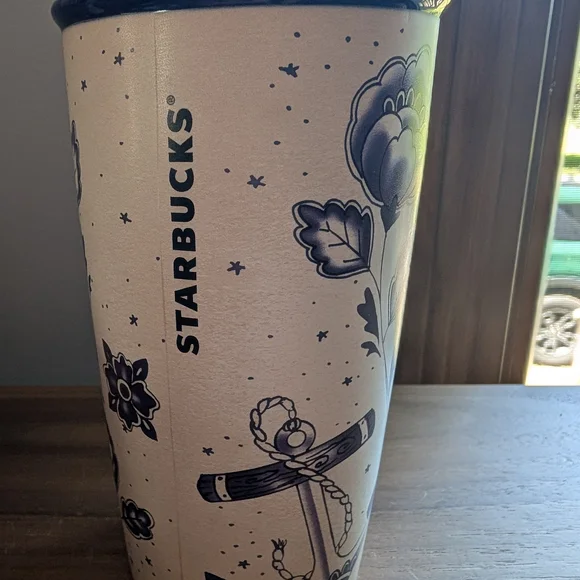 Starbucks Rare Mermaid Siren Sailor Tattoo Blue Ceramic Travel Tumbler - Picture 3 of 9